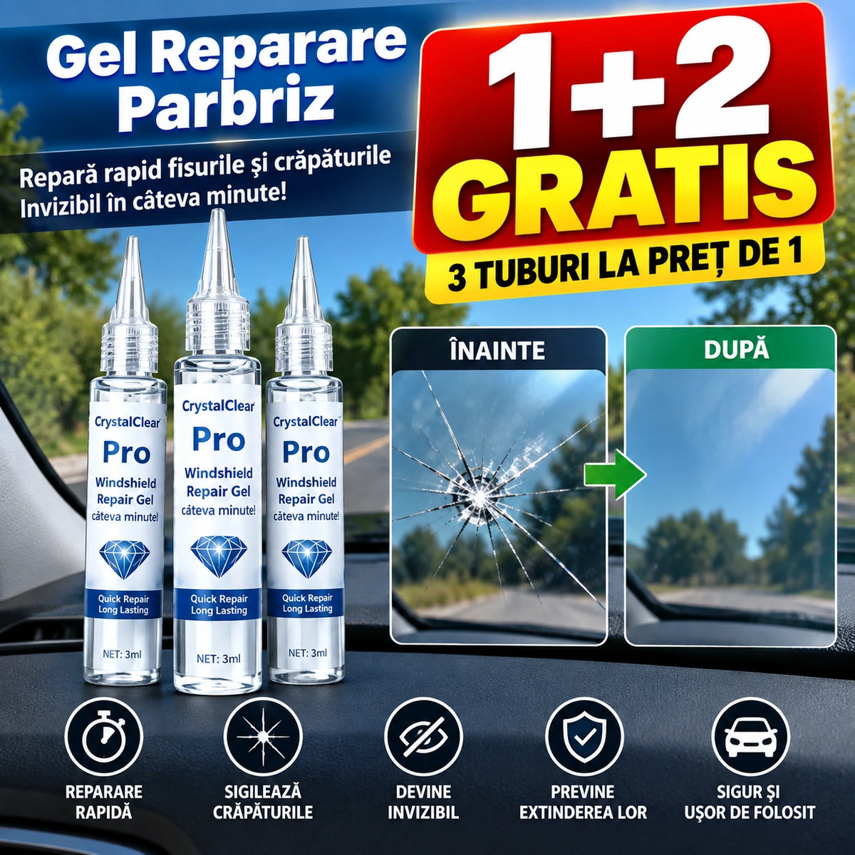 1+2 GRATIS - Gel Reparare INSTANT Parbriz