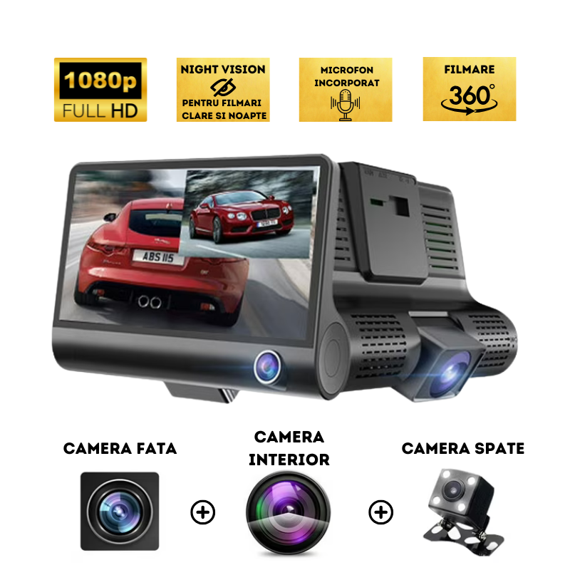 Cameră Auto Cu 3 Camere - Față , Spate, Interior
